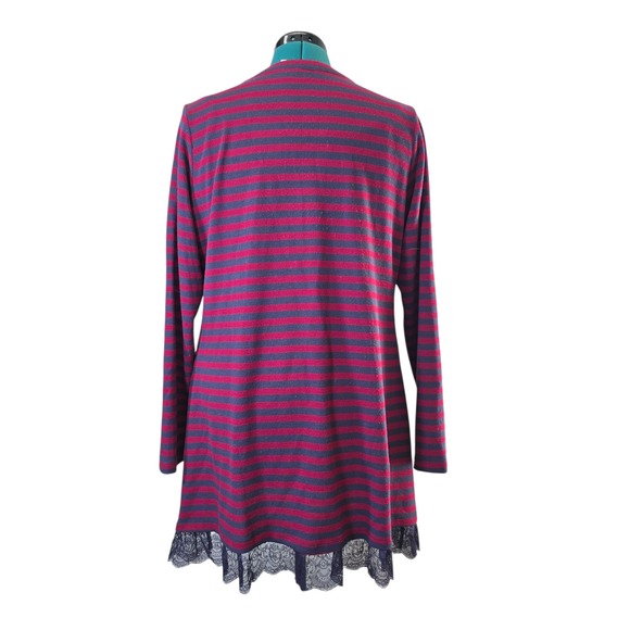 LOGO Lori Goldstein‎ Striped Waffle Knit Cardigan with Lace Trim - Picture 3 of 9